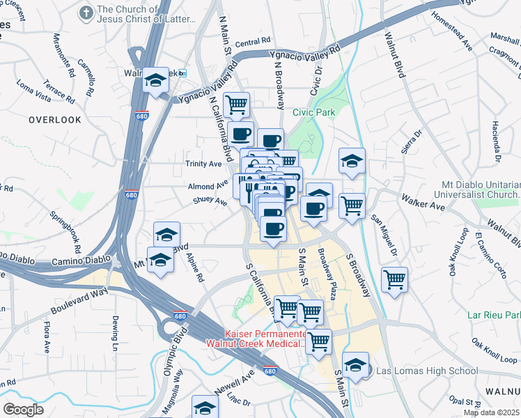map of restaurants, bars, coffee shops, grocery stores, and more near 1403 Locust Street in Walnut Creek