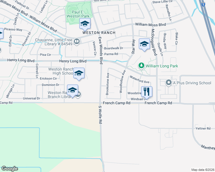 map of restaurants, bars, coffee shops, grocery stores, and more near 4798 Brookstone Avenue in Stockton