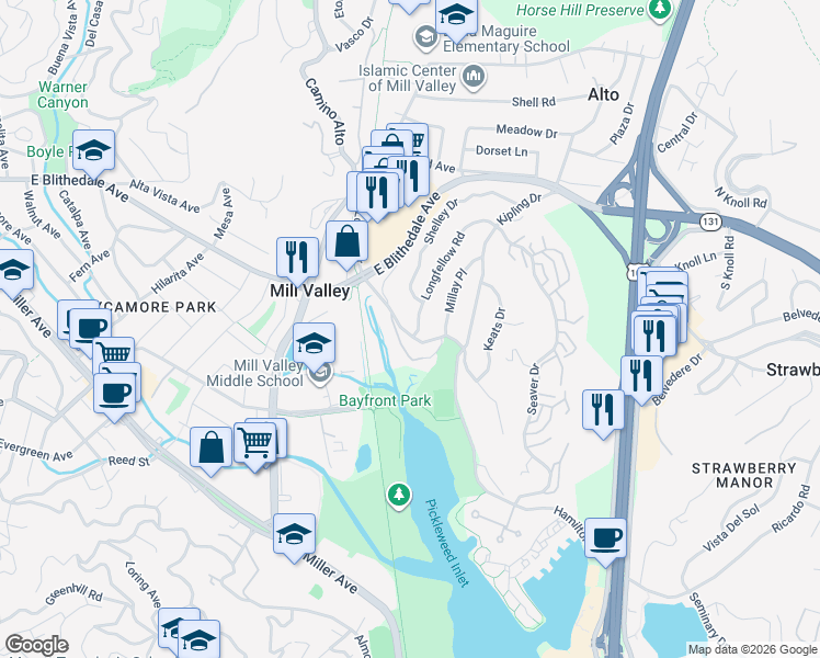 map of restaurants, bars, coffee shops, grocery stores, and more near 81 Roque Moraes Drive in Mill Valley