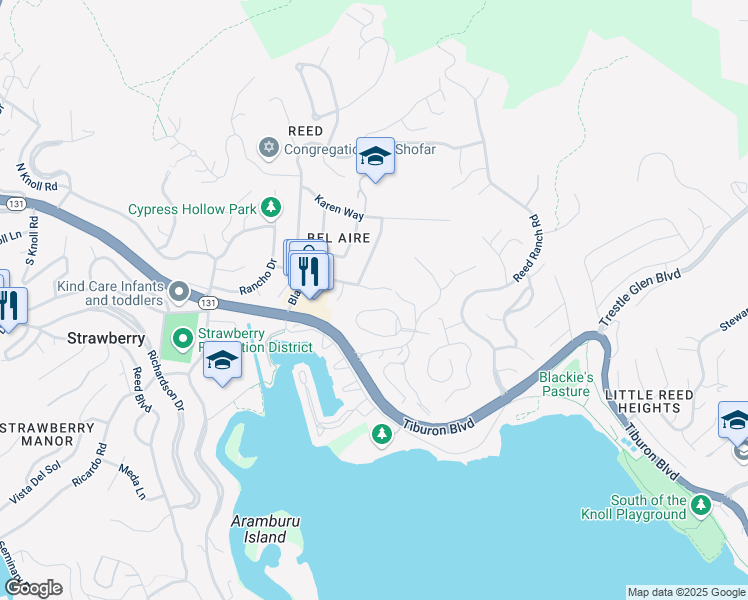 map of restaurants, bars, coffee shops, grocery stores, and more near 12 Circle Drive in Tiburon