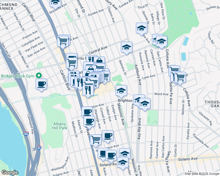 map of restaurants, bars, coffee shops, grocery stores, and more near 401 Evelyn Avenue in Albany