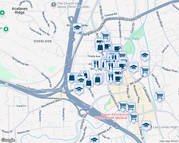 map of restaurants, bars, coffee shops, grocery stores, and more near 1885 Shuey Avenue in Walnut Creek