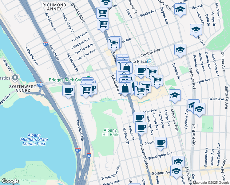 map of restaurants, bars, coffee shops, grocery stores, and more near 3432-3436 Yosemite Avenue in El Cerrito