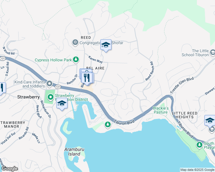 map of restaurants, bars, coffee shops, grocery stores, and more near 12 Circle Drive in Tiburon