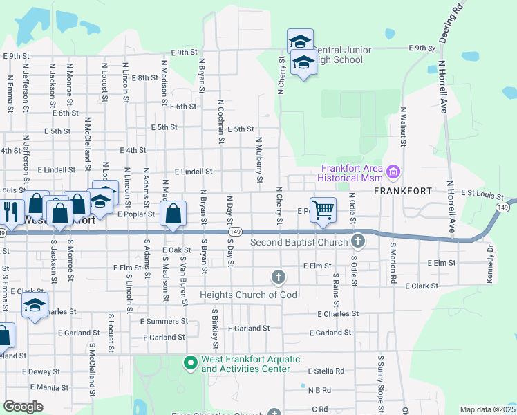map of restaurants, bars, coffee shops, grocery stores, and more near 1401 East Poplar Street in West Frankfort