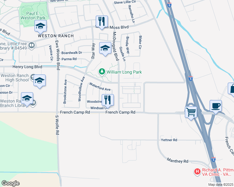 map of restaurants, bars, coffee shops, grocery stores, and more near 4731 McDougald Boulevard in Stockton