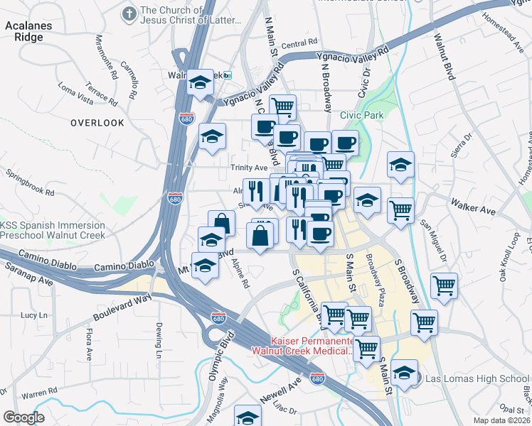 map of restaurants, bars, coffee shops, grocery stores, and more near 1785 Shuey Avenue in Walnut Creek