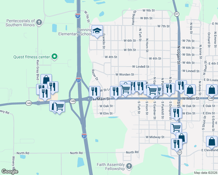 map of restaurants, bars, coffee shops, grocery stores, and more near 1201-1299 West Saint Louis Street in West Frankfort
