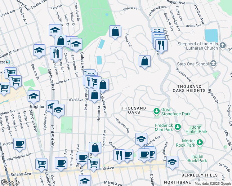 map of restaurants, bars, coffee shops, grocery stores, and more near 1675 Visalia Avenue in Berkeley
