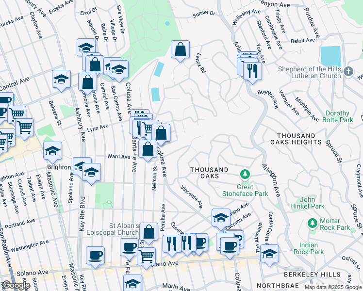 map of restaurants, bars, coffee shops, grocery stores, and more near 1675 Visalia Avenue in Berkeley