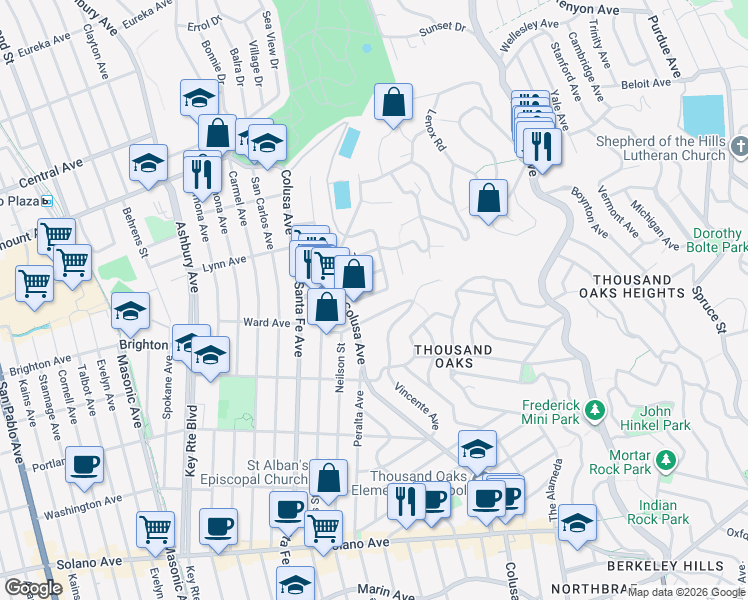 map of restaurants, bars, coffee shops, grocery stores, and more near 1632 Ocean View Avenue in Kensington