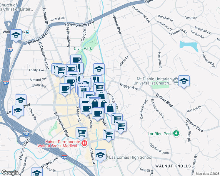 map of restaurants, bars, coffee shops, grocery stores, and more near 1696 San Miguel Drive in Walnut Creek