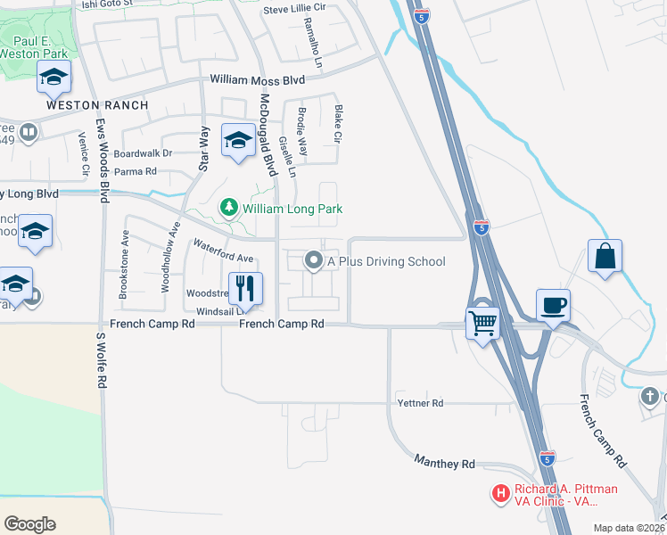 map of restaurants, bars, coffee shops, grocery stores, and more near 4610 Diamondback Drive in Stockton