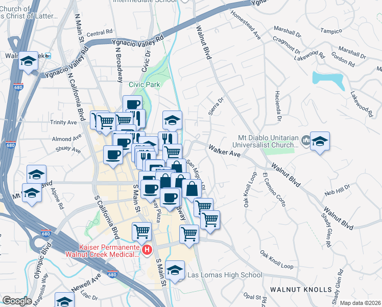map of restaurants, bars, coffee shops, grocery stores, and more near 1600 San Miguel Drive in Walnut Creek