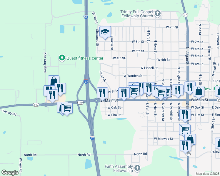 map of restaurants, bars, coffee shops, grocery stores, and more near 1201-1299 West Saint Louis Street in West Frankfort