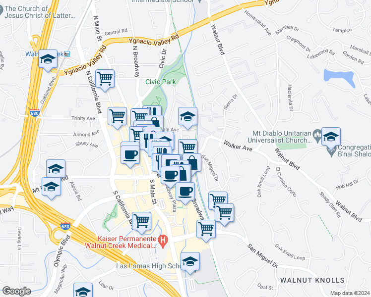 map of restaurants, bars, coffee shops, grocery stores, and more near 1330 Mt Pisgah Rd in Walnut Creek