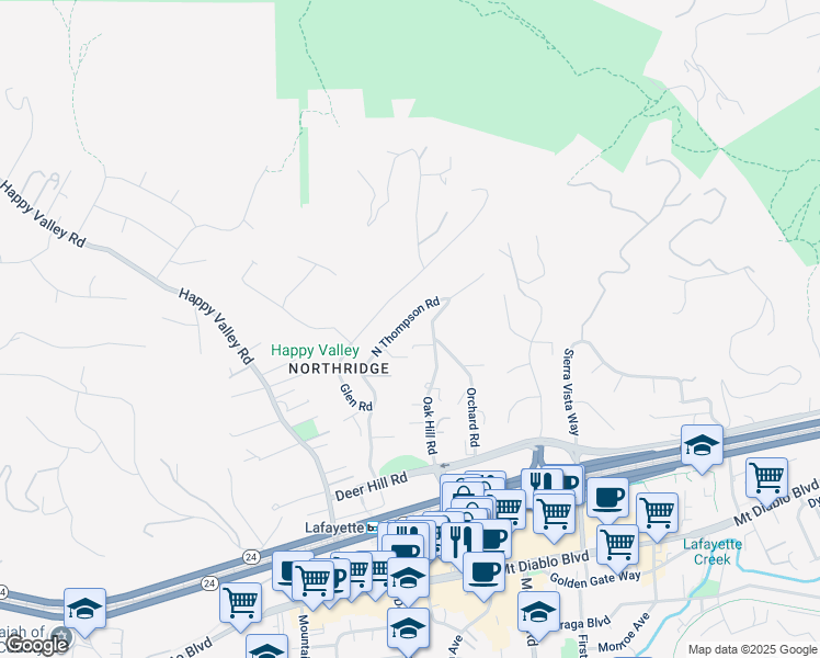 map of restaurants, bars, coffee shops, grocery stores, and more near 1126 North Thompson Road in Lafayette
