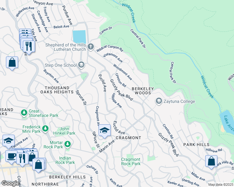 map of restaurants, bars, coffee shops, grocery stores, and more near 680 Grizzly Peak Boulevard in Berkeley