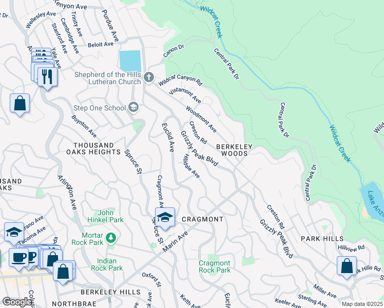 map of restaurants, bars, coffee shops, grocery stores, and more near 680 Grizzly Peak Boulevard in Berkeley