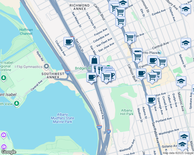 map of restaurants, bars, coffee shops, grocery stores, and more near 3223 Pierce Street in Richmond