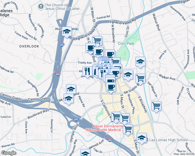 map of restaurants, bars, coffee shops, grocery stores, and more near 1770 Bonanza Street in Walnut Creek