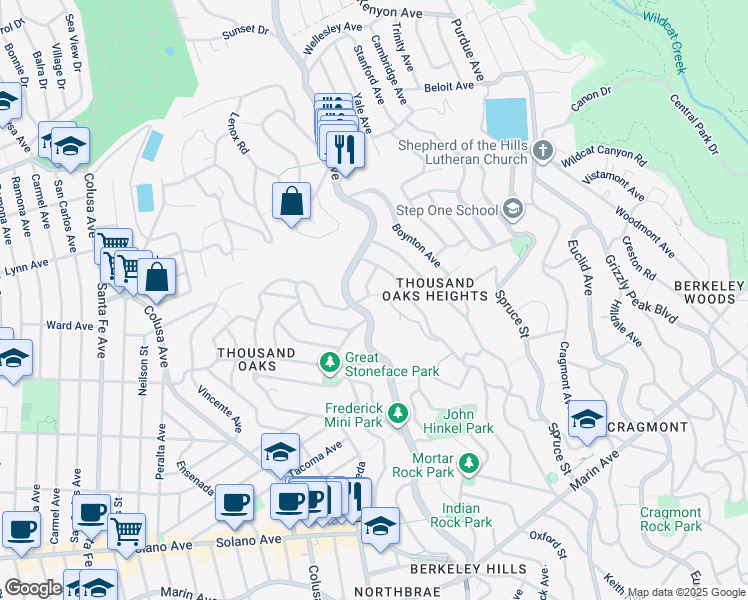 map of restaurants, bars, coffee shops, grocery stores, and more near 1918 San Antonio Avenue in Berkeley