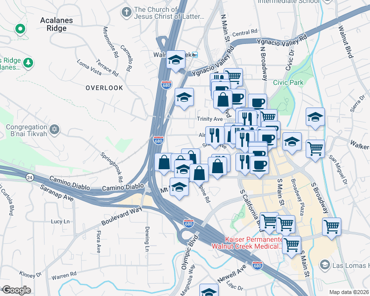 map of restaurants, bars, coffee shops, grocery stores, and more near 1954 Shuey Avenue in Walnut Creek