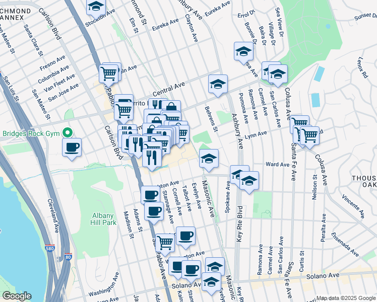 map of restaurants, bars, coffee shops, grocery stores, and more near 401 Evelyn Avenue in Albany