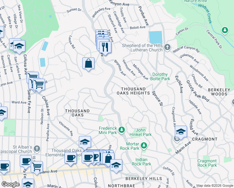 map of restaurants, bars, coffee shops, grocery stores, and more near 1930 San Antonio Avenue in Berkeley