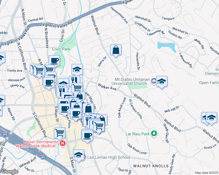 map of restaurants, bars, coffee shops, grocery stores, and more near Walker Avenue in Walnut Creek