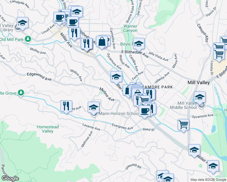 map of restaurants, bars, coffee shops, grocery stores, and more near 63 Woodside Lane in Mill Valley