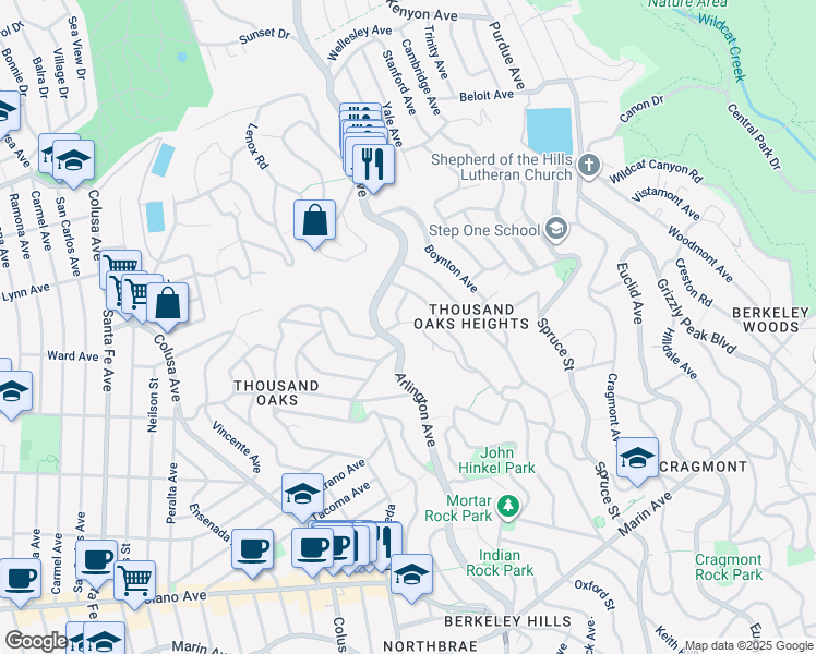map of restaurants, bars, coffee shops, grocery stores, and more near 1922 San Antonio Avenue in Berkeley
