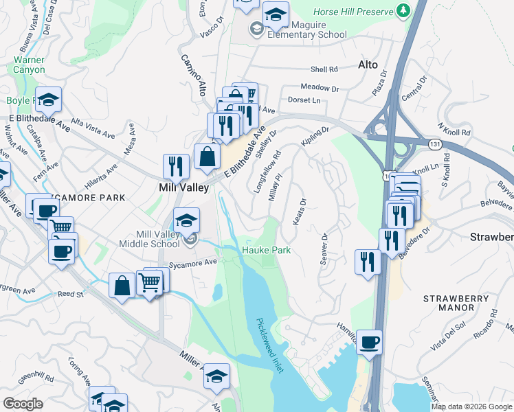 map of restaurants, bars, coffee shops, grocery stores, and more near 81 Roque Moraes Drive in Mill Valley