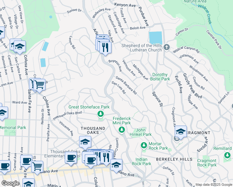 map of restaurants, bars, coffee shops, grocery stores, and more near 1930 San Antonio Avenue in Berkeley