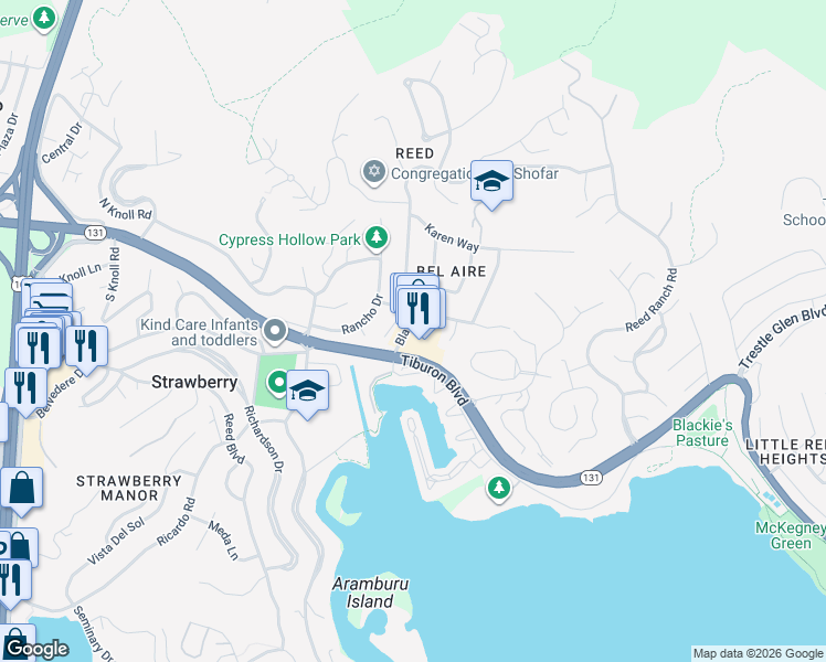 map of restaurants, bars, coffee shops, grocery stores, and more near in Marin County