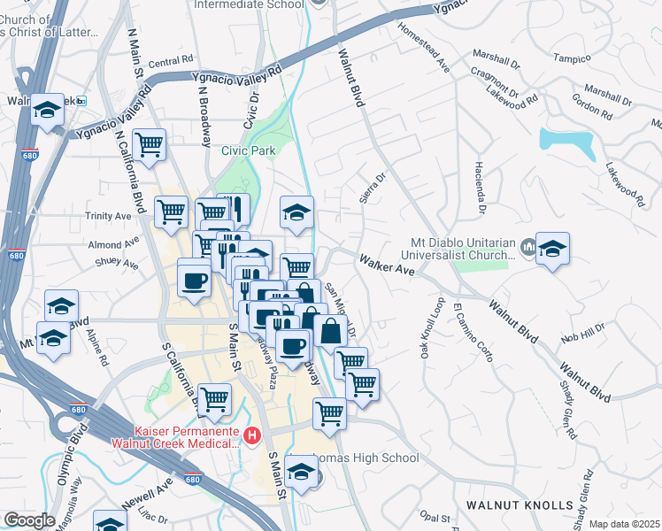 map of restaurants, bars, coffee shops, grocery stores, and more near 1680 San Miguel Drive in Walnut Creek
