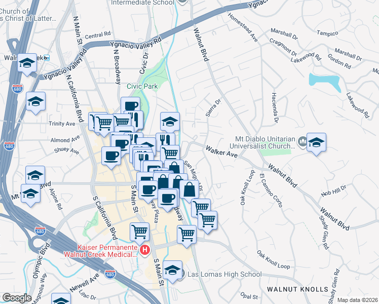 map of restaurants, bars, coffee shops, grocery stores, and more near 1680 San Miguel Drive in Walnut Creek