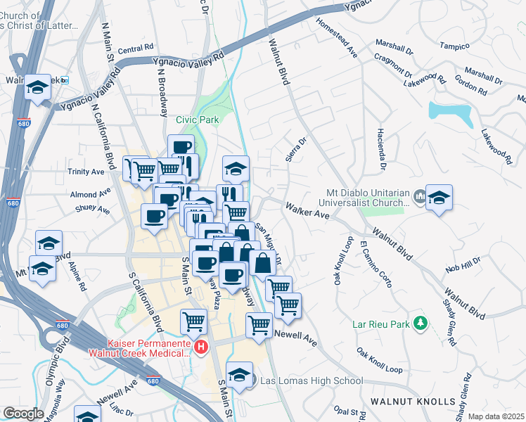 map of restaurants, bars, coffee shops, grocery stores, and more near 1680 San Miguel Drive in Walnut Creek