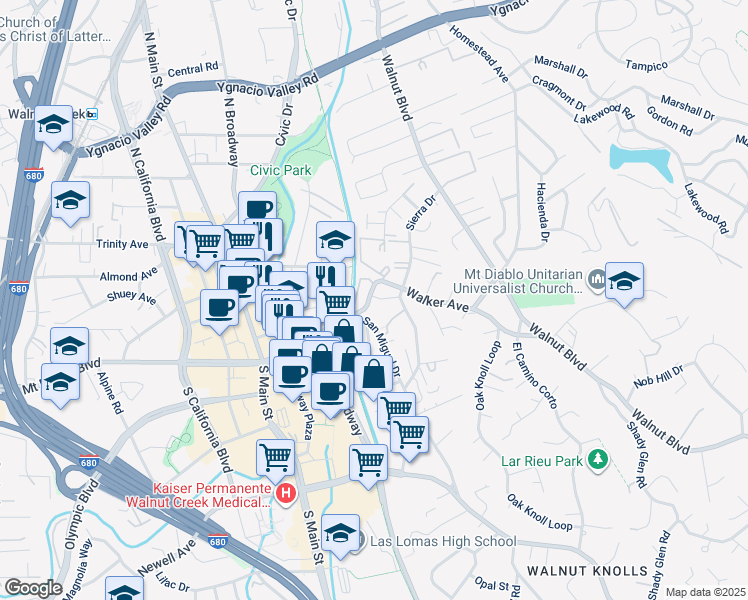 map of restaurants, bars, coffee shops, grocery stores, and more near 1680 San Miguel Drive in Walnut Creek