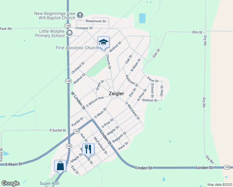 map of restaurants, bars, coffee shops, grocery stores, and more near in Zeigler