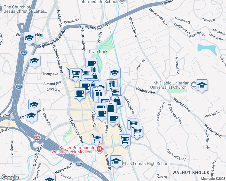 map of restaurants, bars, coffee shops, grocery stores, and more near 1180 Mount Diablo Boulevard in Walnut Creek
