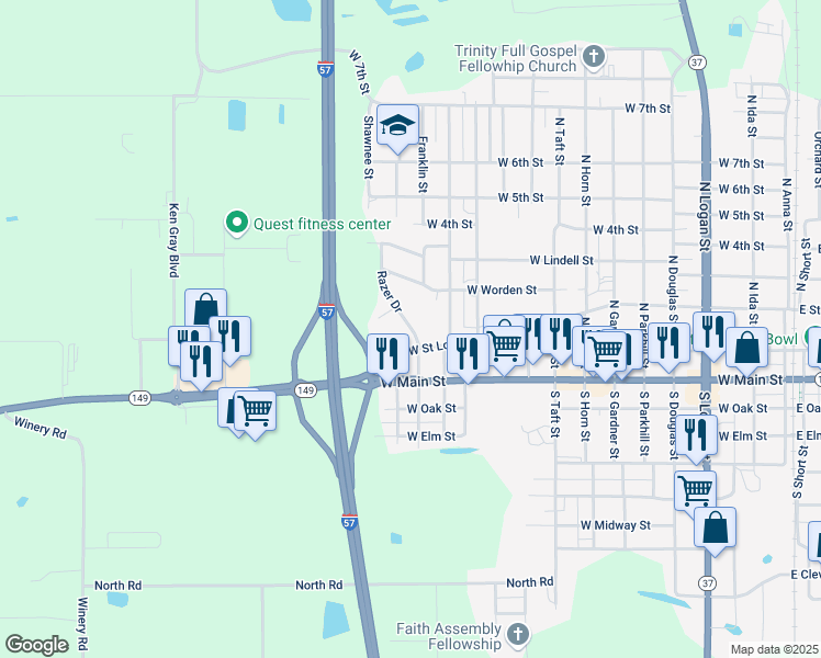 map of restaurants, bars, coffee shops, grocery stores, and more near 1401-1499 West Saint Louis Street in West Frankfort
