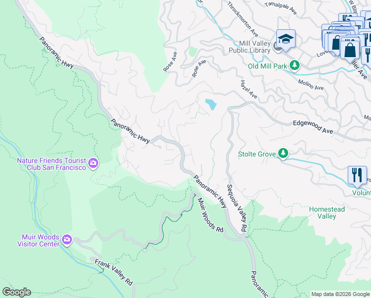 map of restaurants, bars, coffee shops, grocery stores, and more near 10 Kent Way in Mill Valley