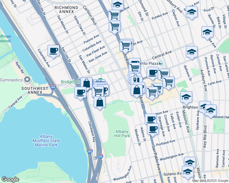 map of restaurants, bars, coffee shops, grocery stores, and more near 3345 Santa Clara Avenue in El Cerrito