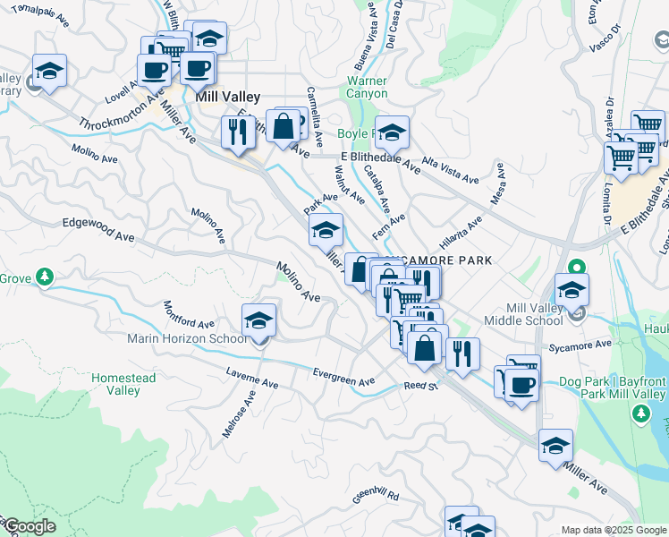 map of restaurants, bars, coffee shops, grocery stores, and more near 288 Miller Avenue in Mill Valley