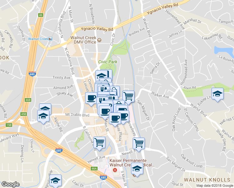 map of restaurants, bars, coffee shops, grocery stores, and more near 1500 Carmel Drive in Walnut Creek