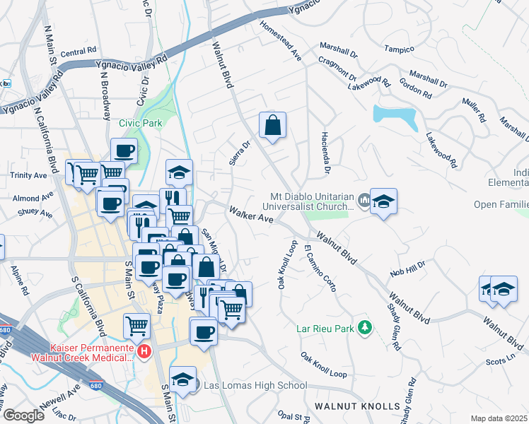 map of restaurants, bars, coffee shops, grocery stores, and more near 1155 Walker Avenue in Walnut Creek