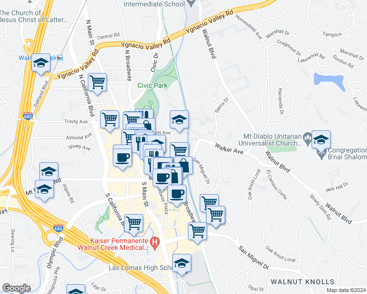 map of restaurants, bars, coffee shops, grocery stores, and more near 1180 Mount Diablo Boulevard in Walnut Creek