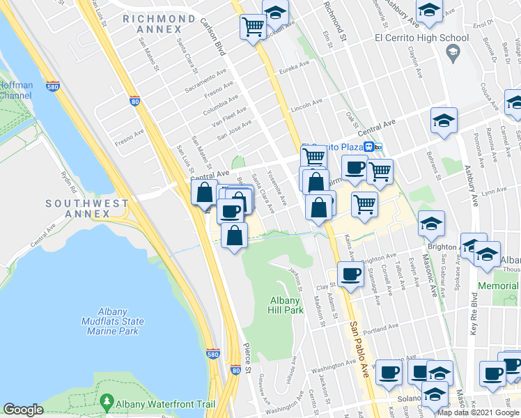 map of restaurants, bars, coffee shops, grocery stores, and more near 3408 Belmont Avenue in El Cerrito