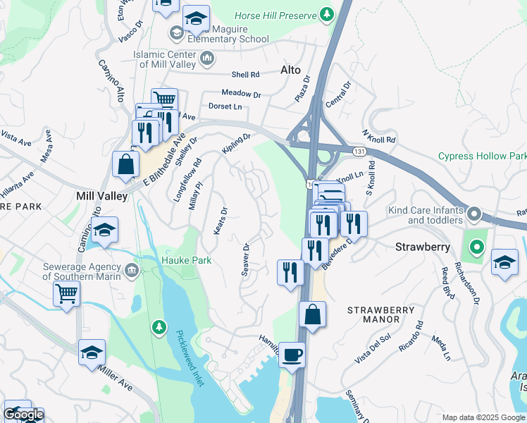 map of restaurants, bars, coffee shops, grocery stores, and more near 9 Wordsworth Court in Mill Valley